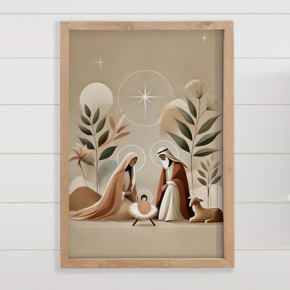 Modern Beige Boho Holy Family Christmas Nativity Canvas Wall Art