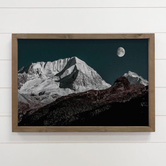 Dark Landscape Print Moon Snow Mountain Canvas Art Framed