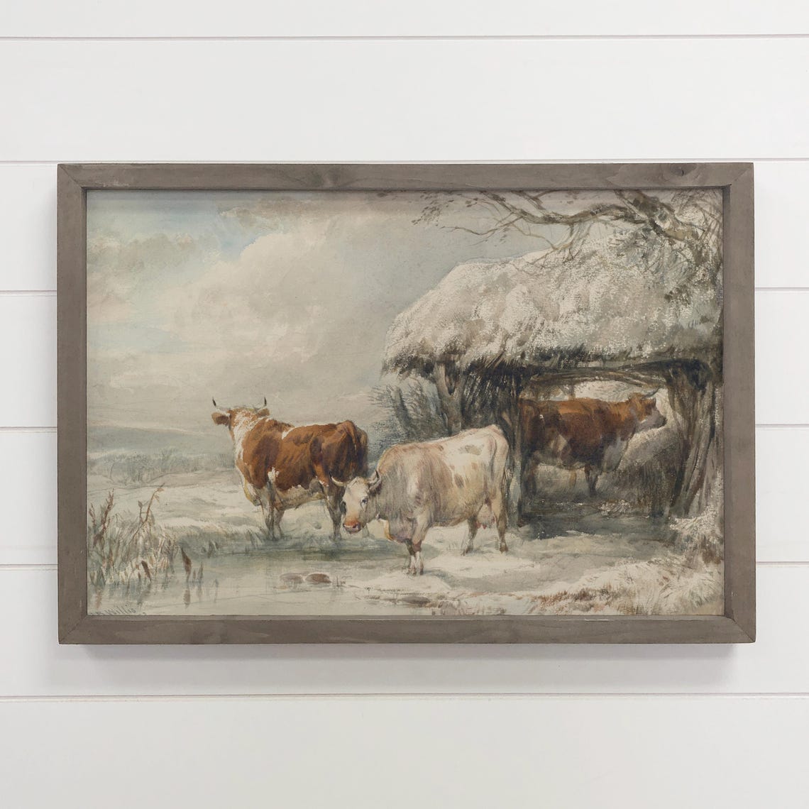 Cows in Snow Winter Farmhouse Vintage Country Painting Wall Art