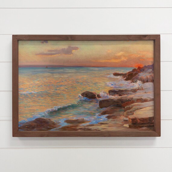 Gleaming Sunset Shore Rocky Coast Waves Golden Ocean Art Poster