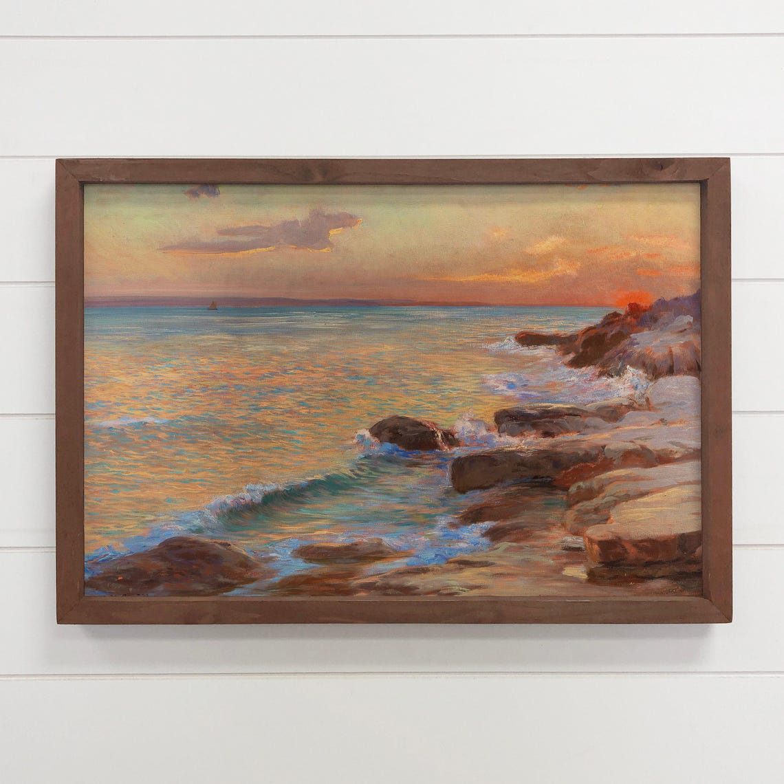 Gleaming Sunset Shore Rocky Coast Waves Golden Ocean Art Poster
