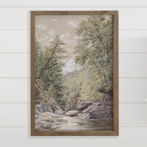 Vintage Forest Stream Rocky Gorge Watercolor Rustic Landscape Poster