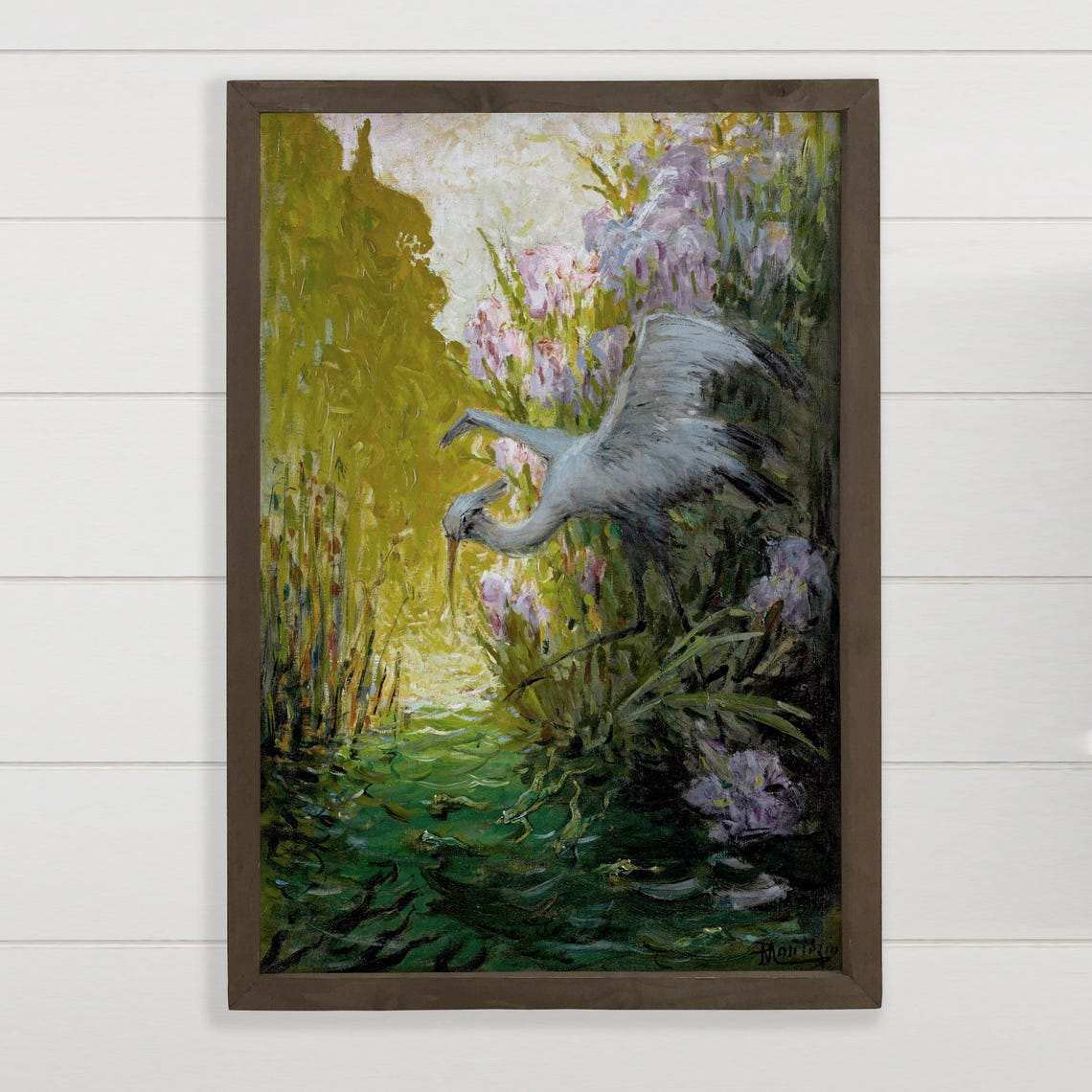 Gray Heron Taking Flight Reeds Impressionist Bird Painting Print