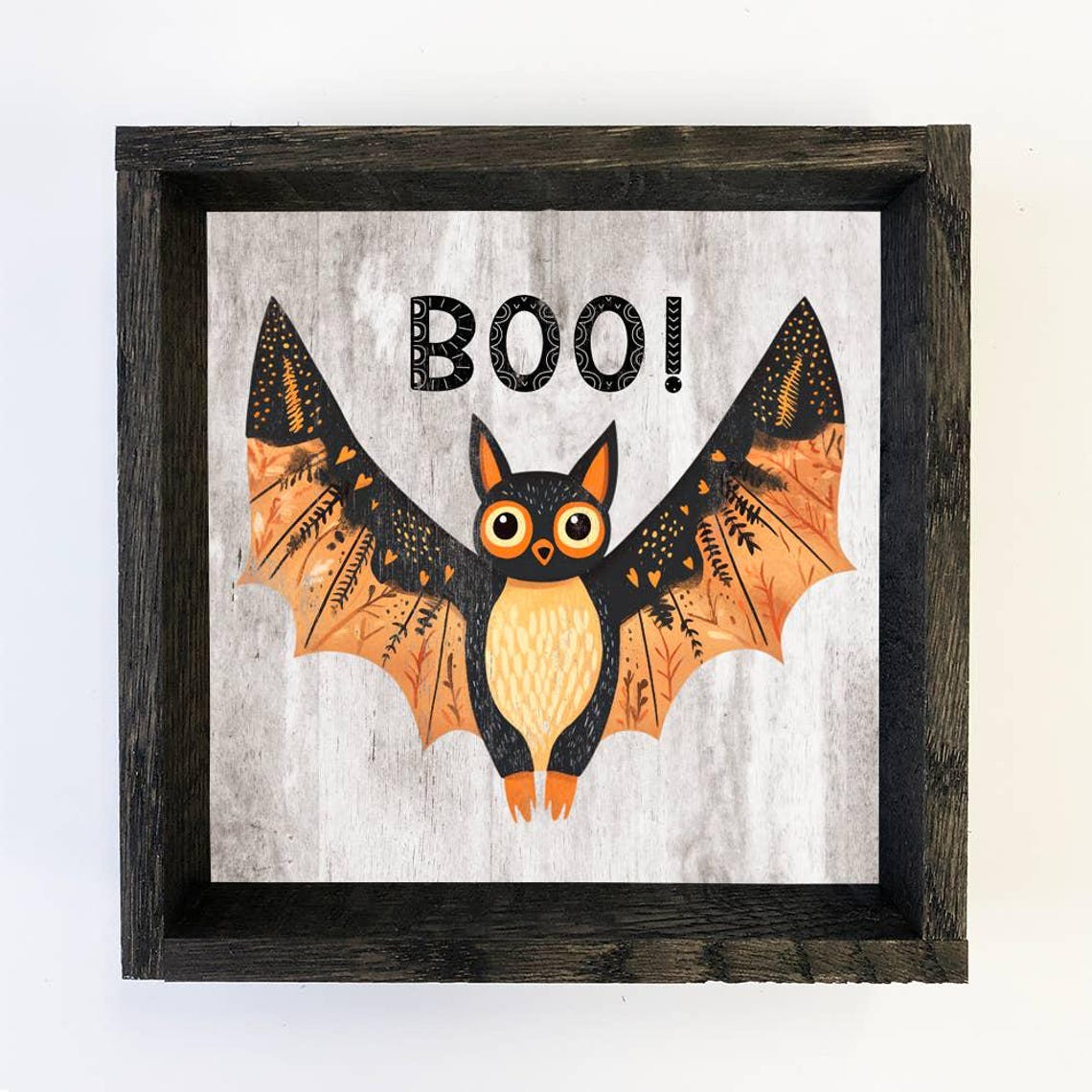 Boo Folk Art Bat Cute Halloween Black and Orange Framed Wall Art