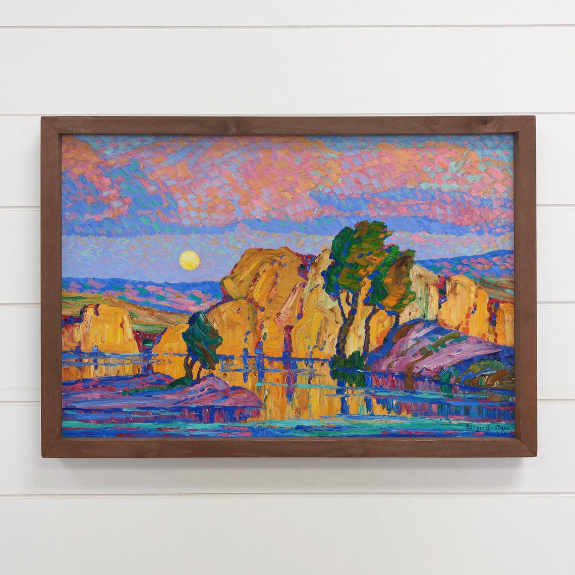 Golden Rock Formation Under Dappled Sky Pointillist Landscape Poster