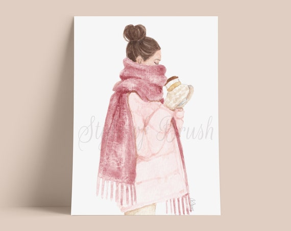 Big Scarf Fashion Illustration Pink Scarf Illustration Winter Fashion Girl Art
