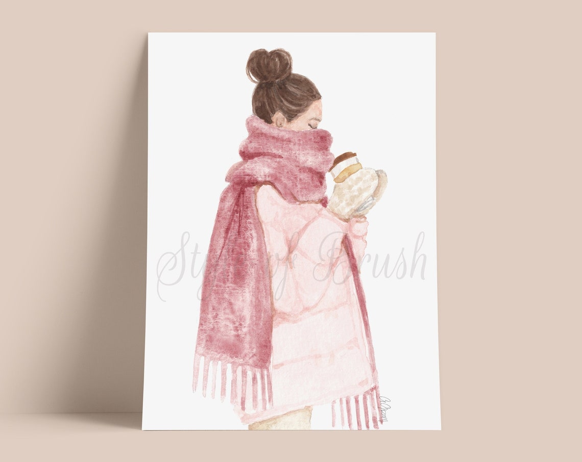 Big Scarf Fashion Illustration Pink Scarf Illustration Winter Fashion Girl Art