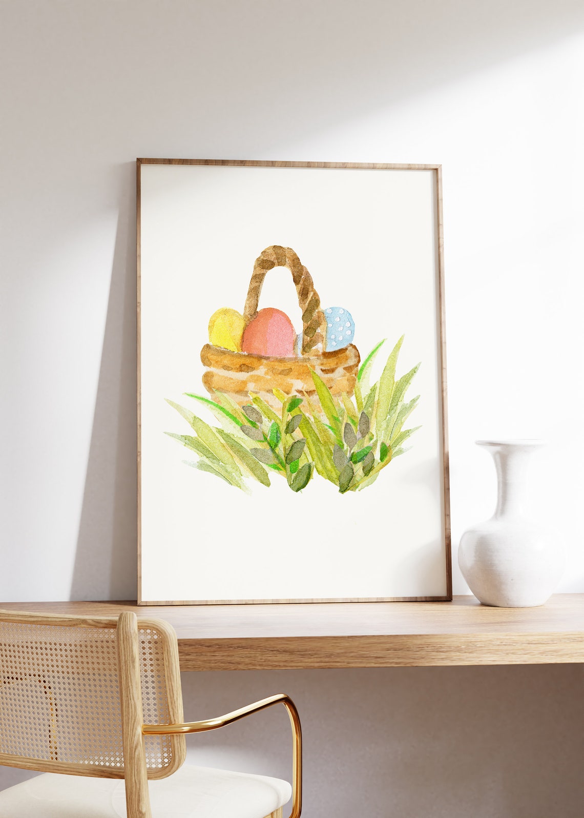 Watercolor Easter Basket With Eggs Resting In Green Grass Poster - Image 4