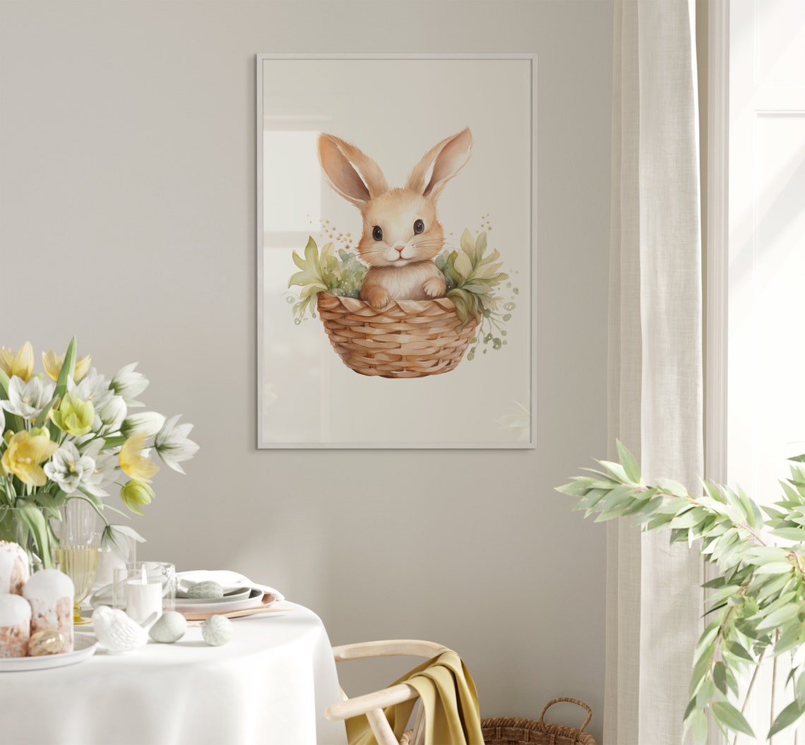 Baby Bunny Peeking From Wicker Basket With Greenery Watercolor Poster - Image 5