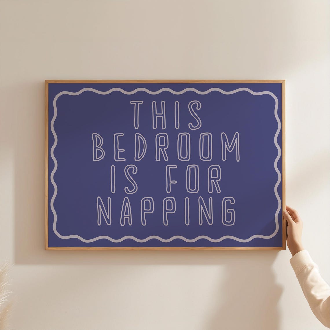 This Bedroom Is For Napping Deep Blue Wavy Frame Nightstand Poster - Image 4