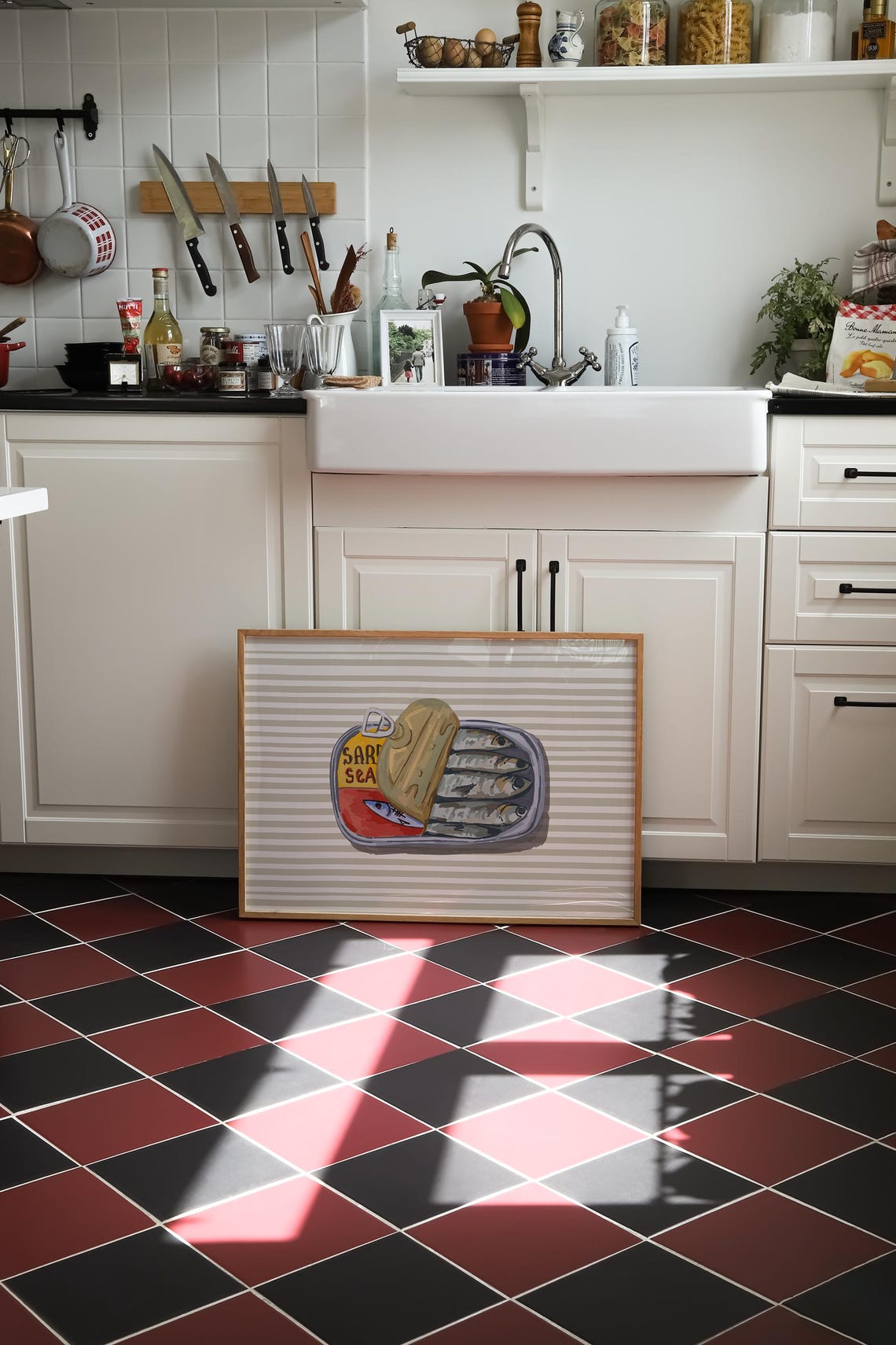 Sardine Tin Illustration on Beige Stripes for Kitchen Decor Poster - Image 2