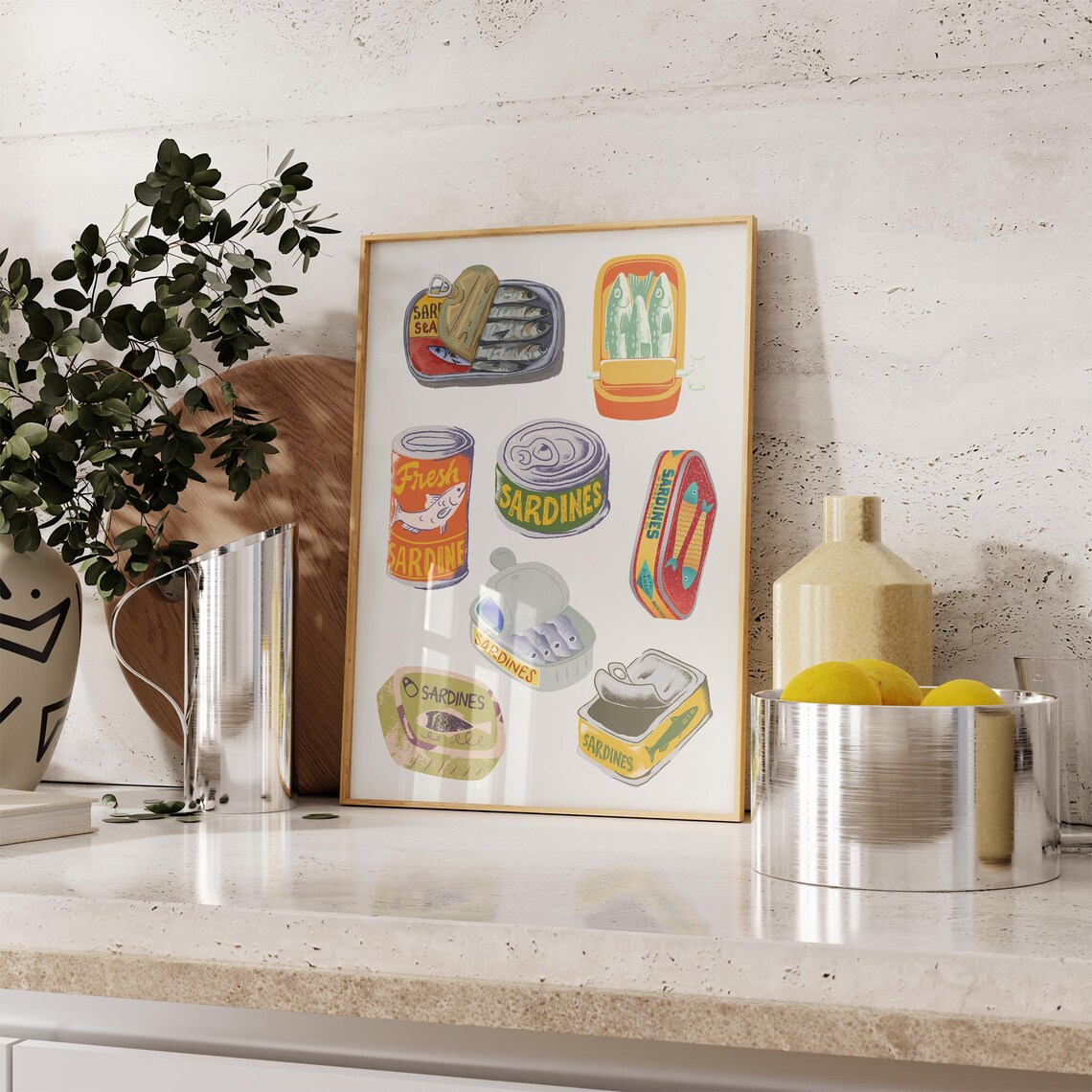 Vintage Sardine Tins Retro Food Illustration Funky Kitchen Poster - Image 3
