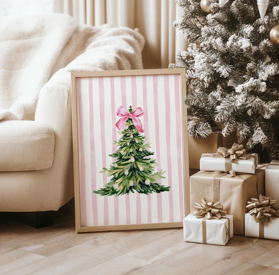 Pink Striped Coquette Christmas Tree Watercolor Bow Holiday Poster - Image 3