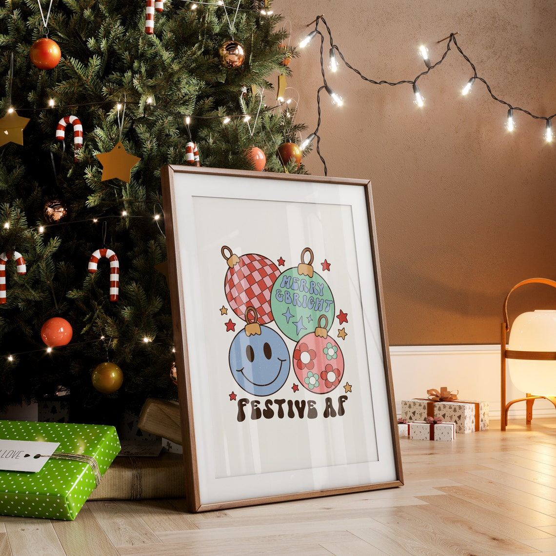 Festive AF Retro Smiley Face Christmas Ornaments Fun Holiday Poster - Image 2