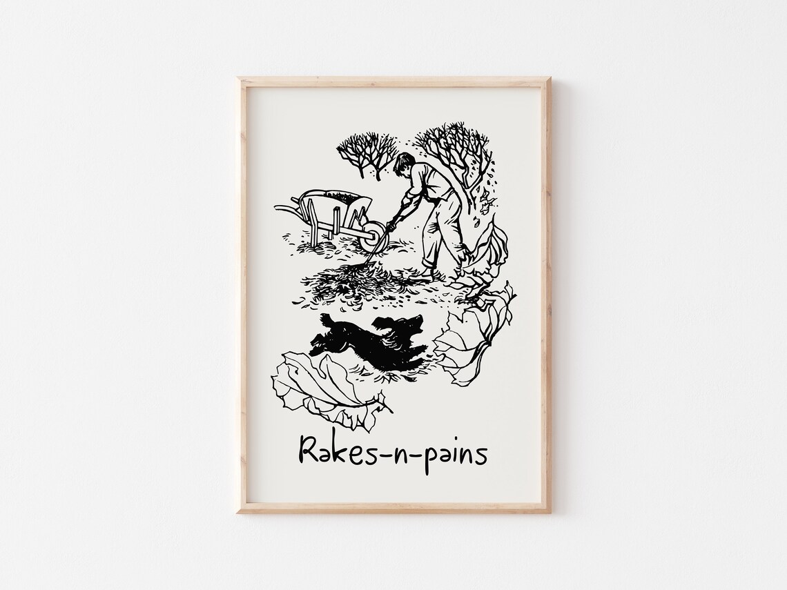 Rakes-n-Pains Funny Fall Leaf Raking Dog Linocut Humor Print - Image 4