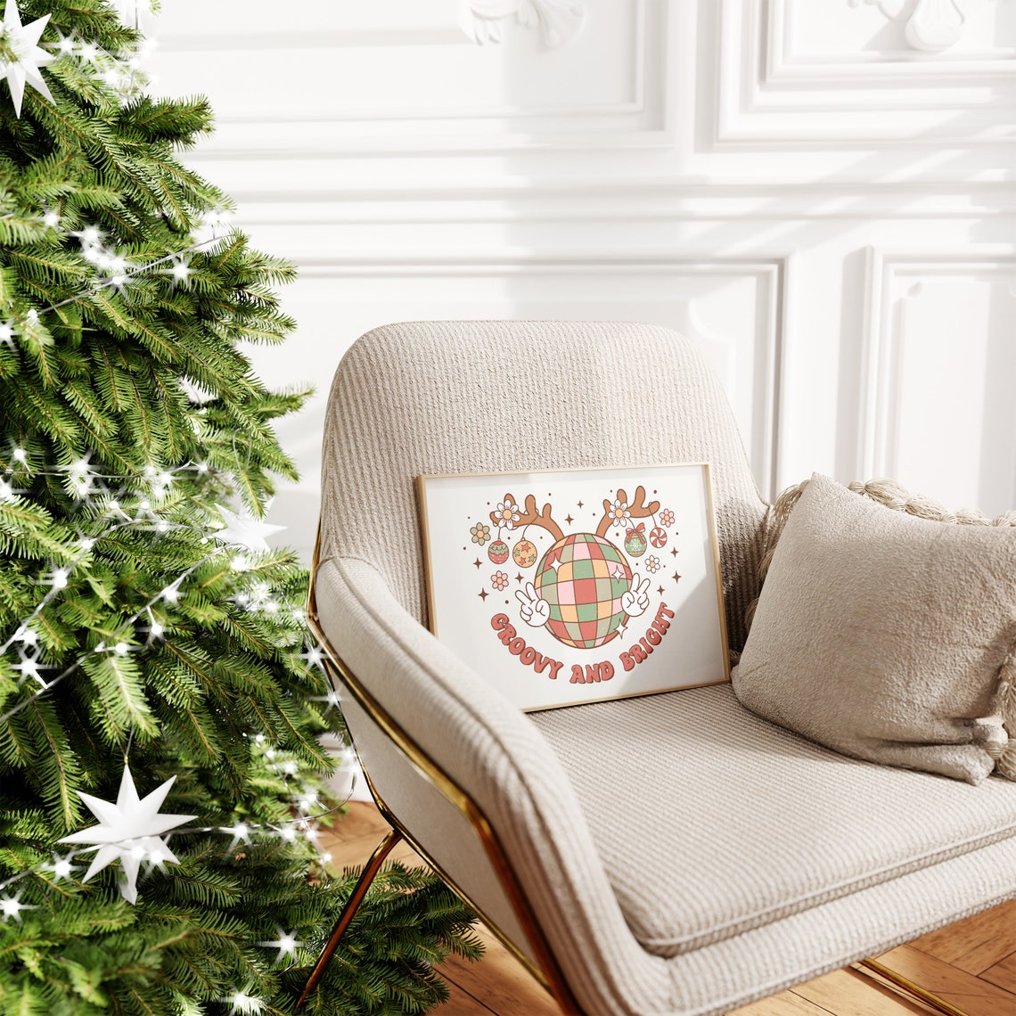 Groovy And Bright Disco Ball Reindeer Christmas Peace Poster - Image 3