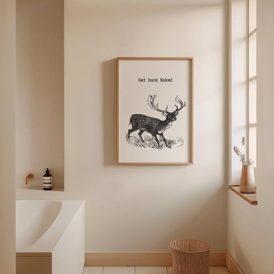 Get Buck Naked Vintage Deer Engraving Funny Bathroom Wall Poster - Image 3
