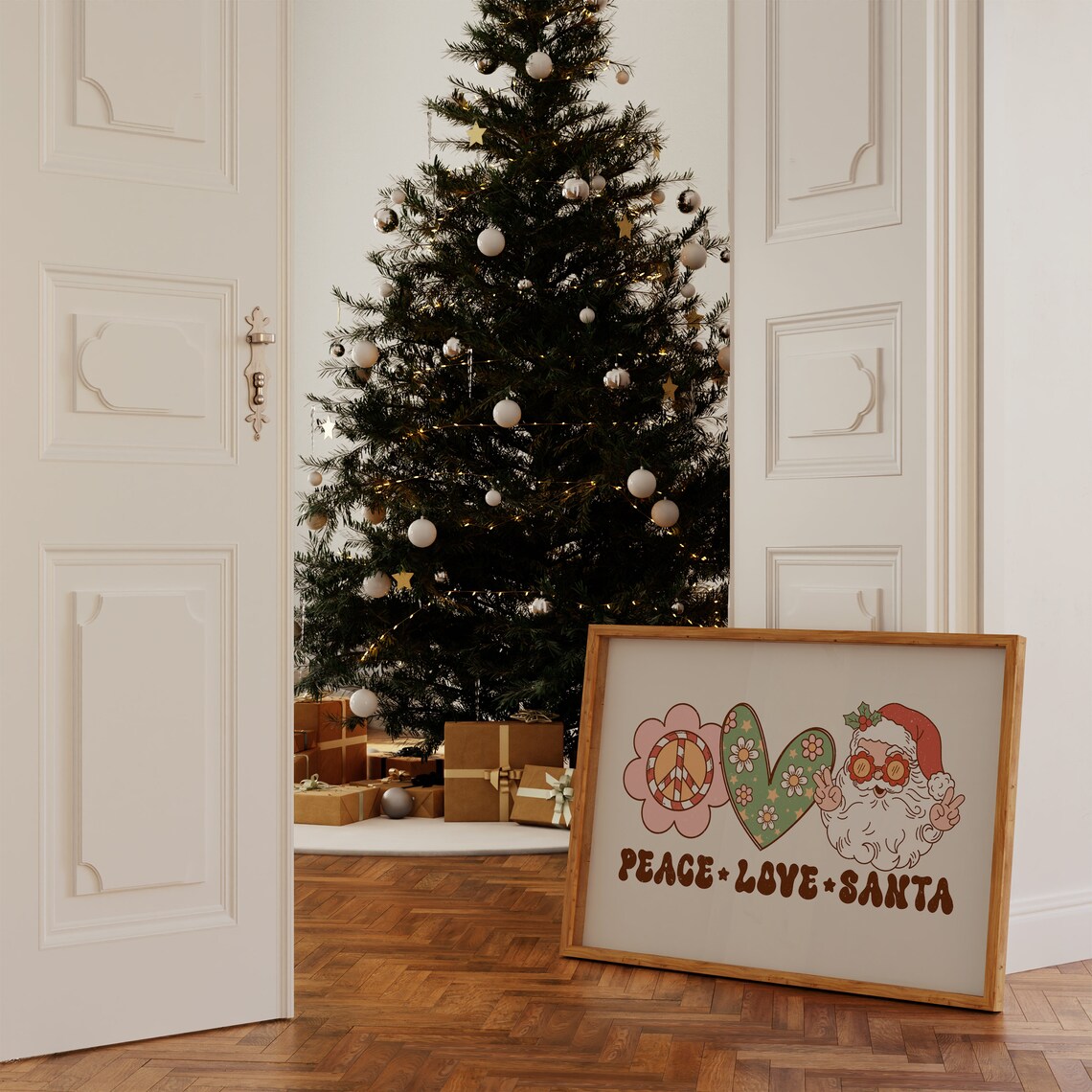 Peace Love Santa Groovy Hippie Retro Christmas Flower Poster - Image 4
