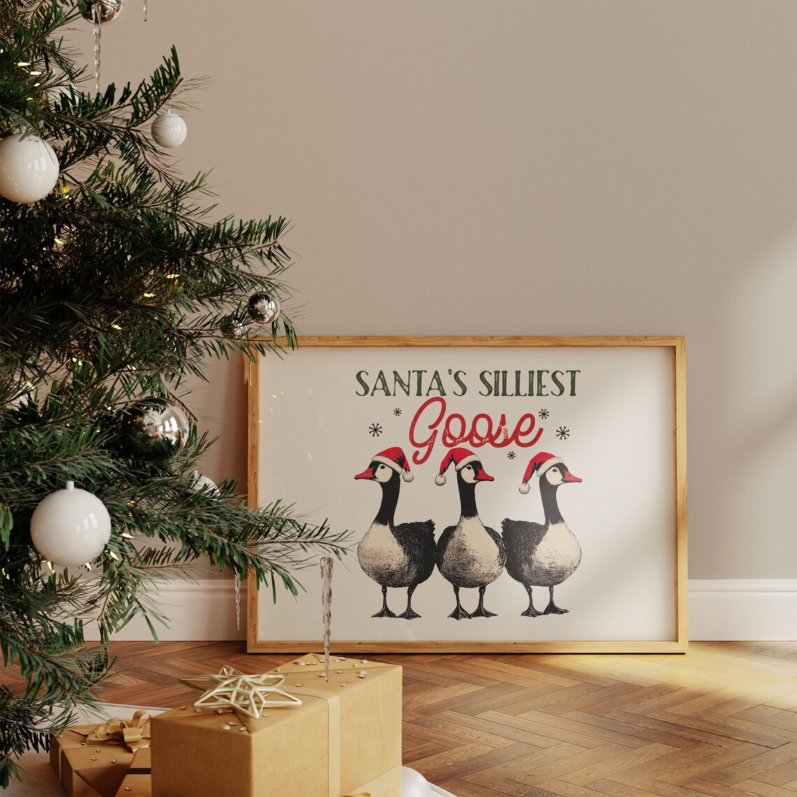 Santa's Silliest Goose Funny Vintage Christmas Goose Trio Wall Art - Image 2