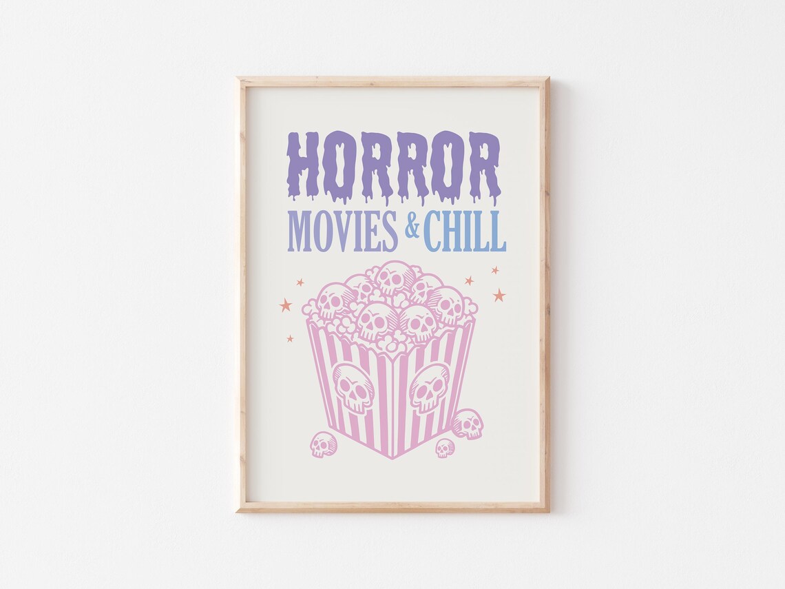 Horror Movies And Chill Pastel Skull Popcorn Halloween Poster - Image 5