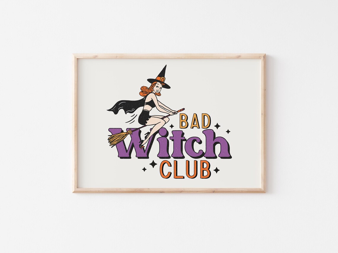 Bad Witch Club Retro Pinup Witch on Broom Halloween Party Poster - Image 4