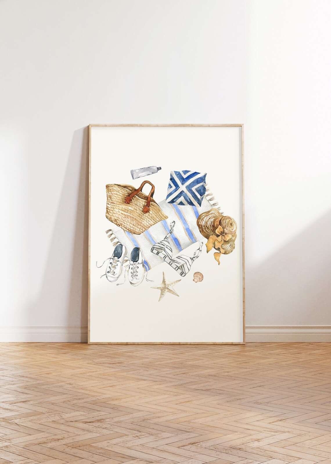 Striped Bikini Set Beach Towel Sneakers Summer Watercolor Flat Lay Poster - Image 2