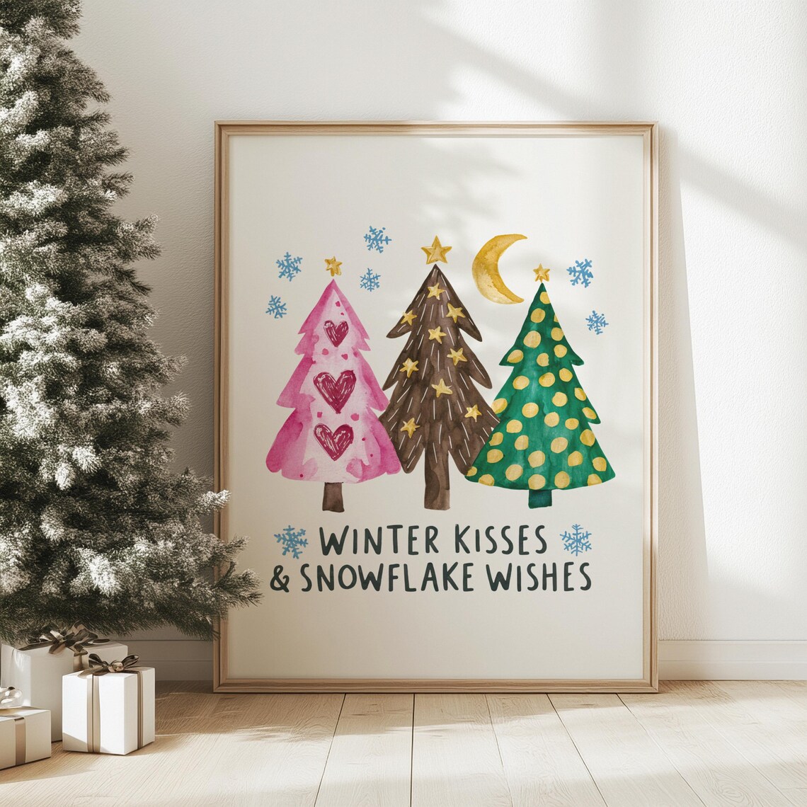 Winter Kisses and Snowflake Wishes Colorful Christmas Trees Poster - Image 5