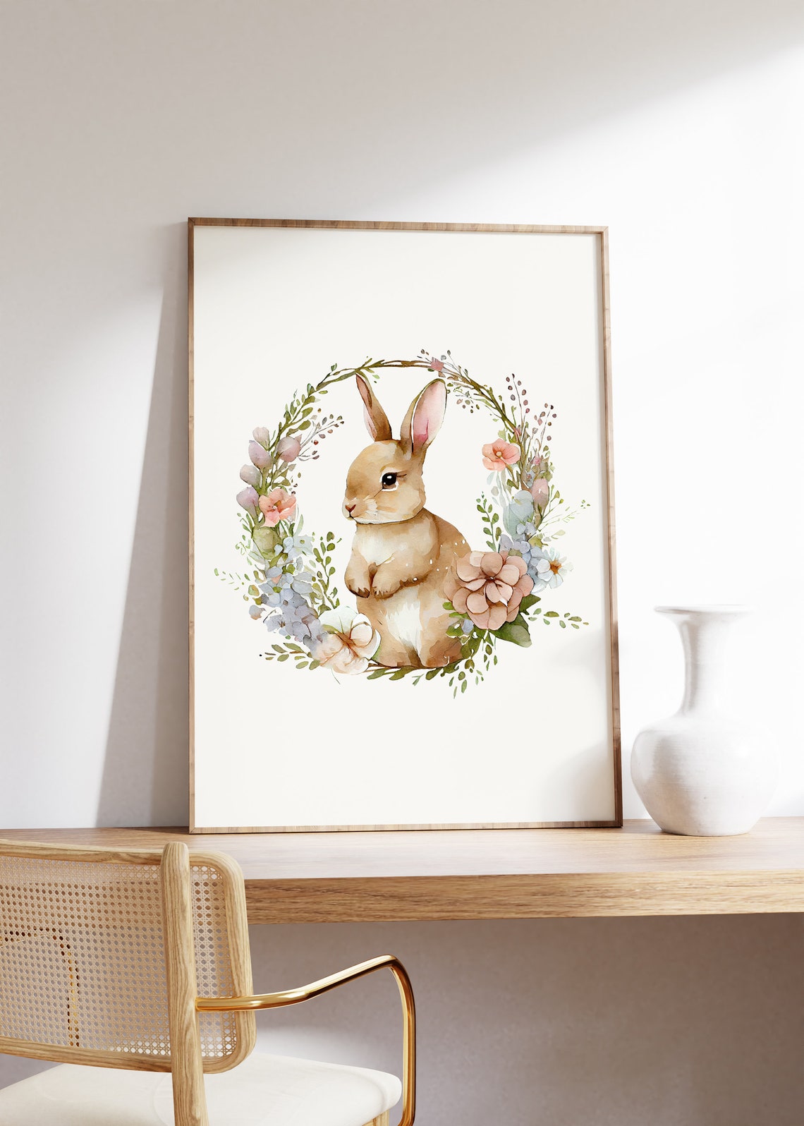 Watercolor Bunny Sitting In Floral Wreath Dusty Pink Rabbit Poster - Image 2
