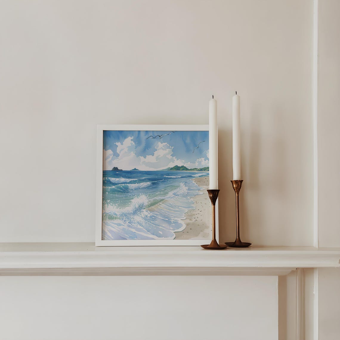 Bright Blue Ocean Waves Sandy Beach Watercolor Summer Poster - Image 3
