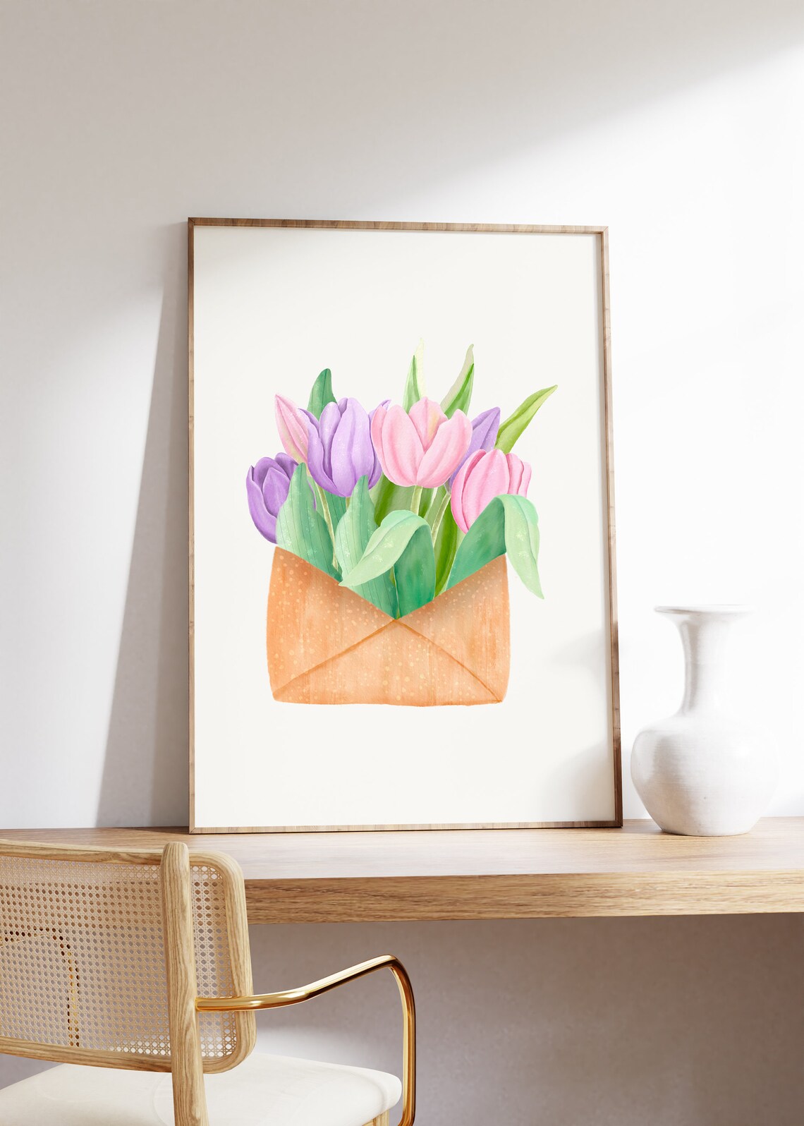 Purple And Pink Tulips In Envelope Watercolor Flower Art Poster - Image 4