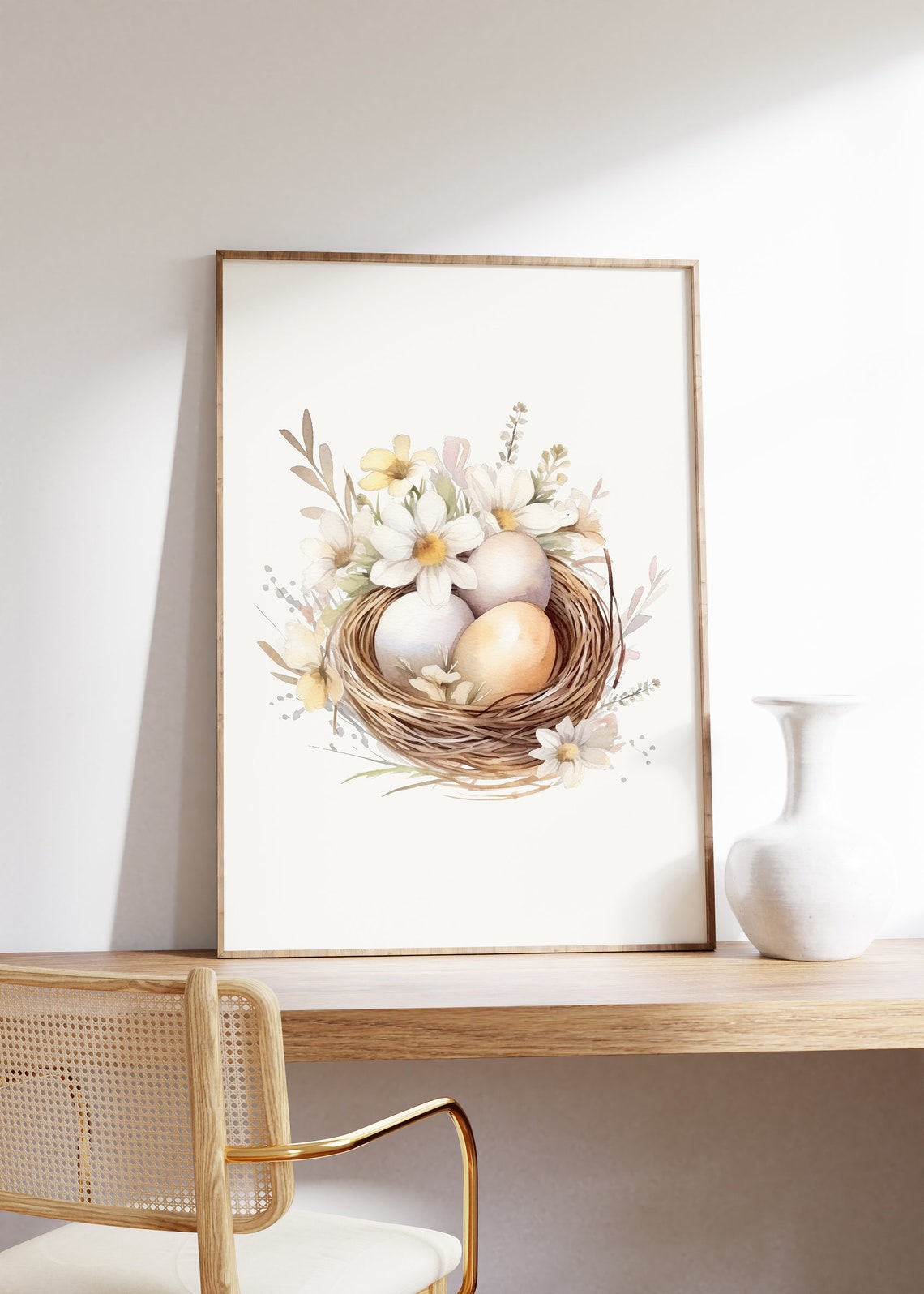 Bird Nest With Eggs And White Daisies Watercolor Easter Poster - Image 2