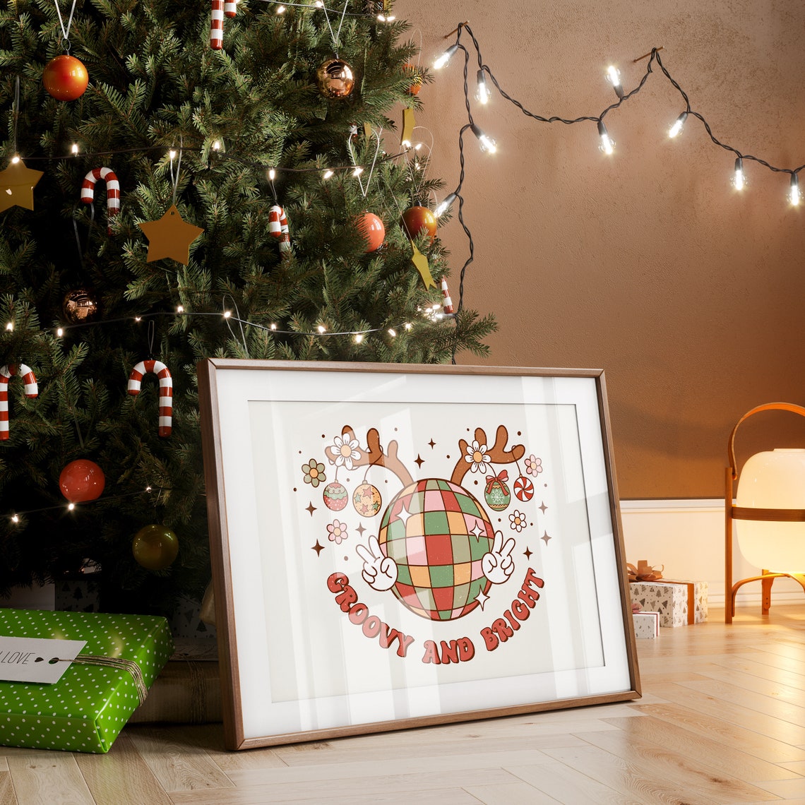 Groovy And Bright Disco Ball Reindeer Christmas Peace Poster - Image 4