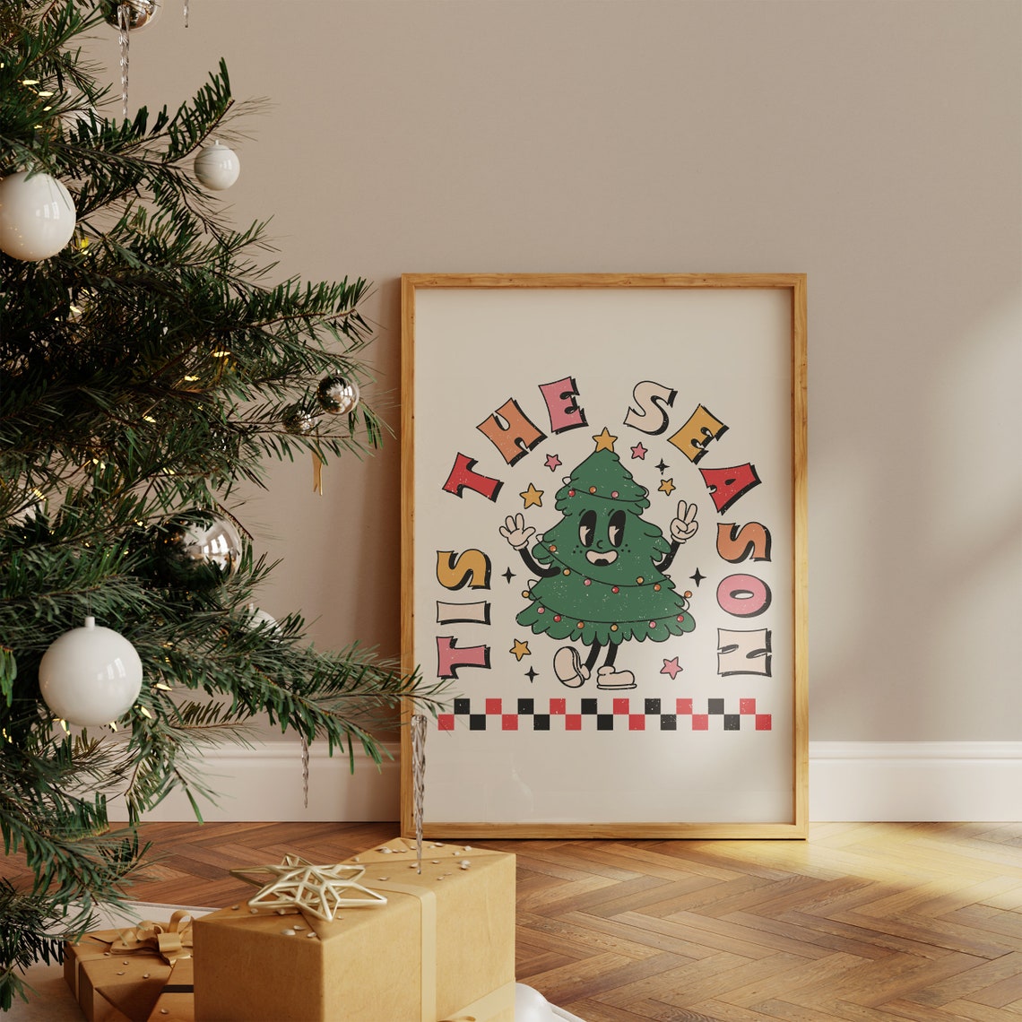 Tis The Season Retro Smiling Christmas Tree Character Wall Art - Image 4