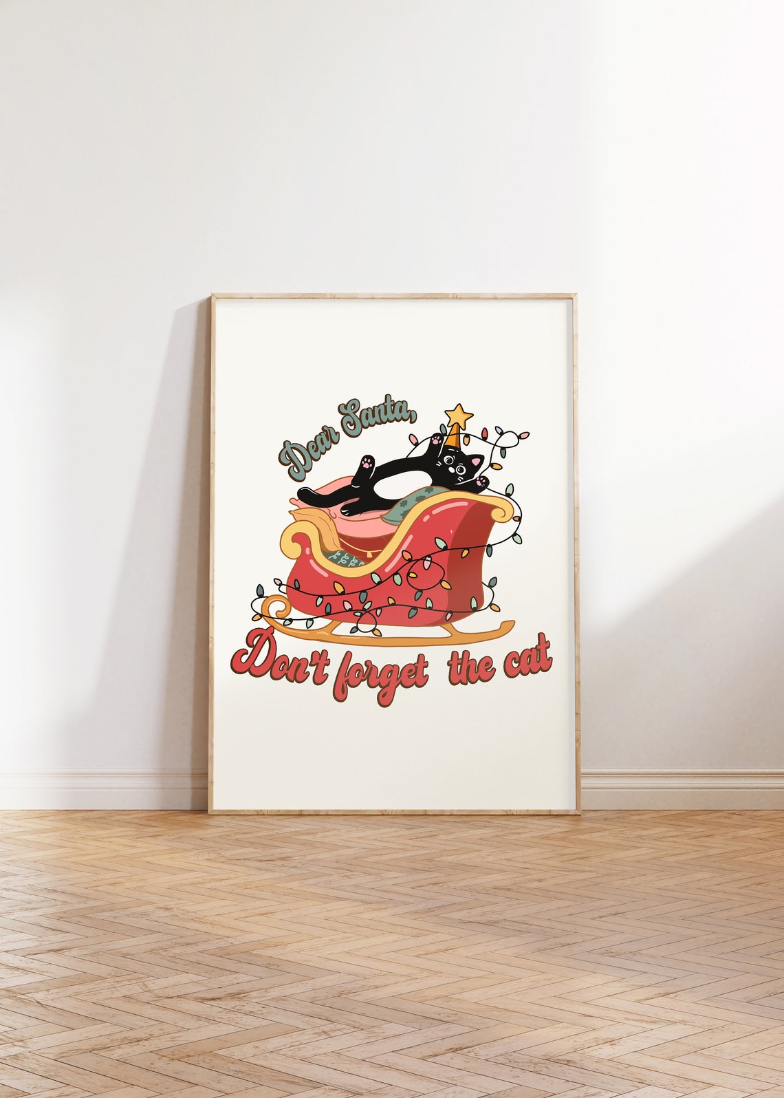 Dear Santa Don't Forget the Cat Sleigh Christmas Lights Poster - Image 3