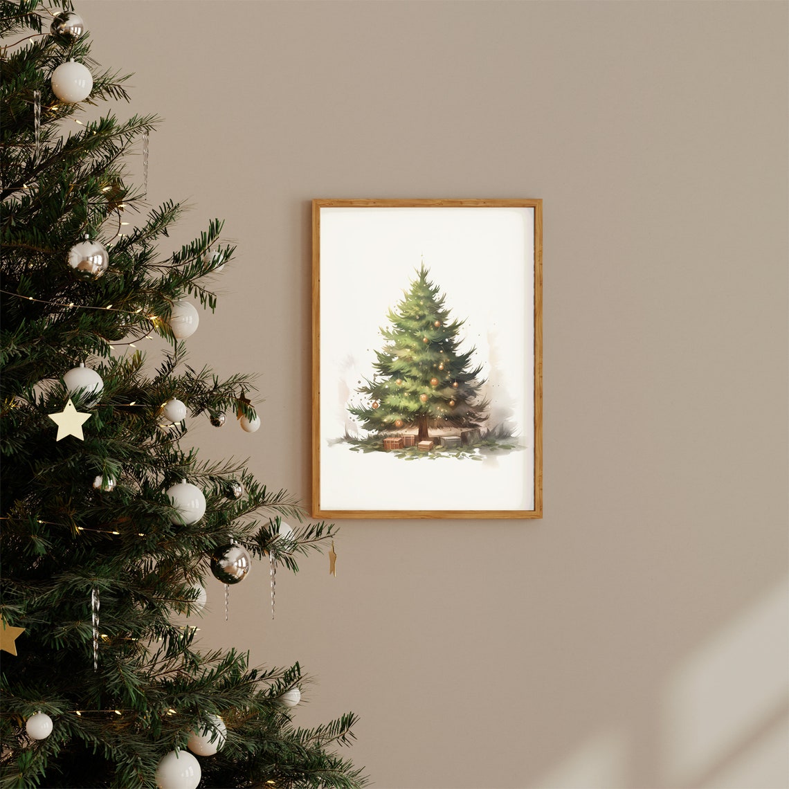 Watercolor Christmas Tree with Gold Ornaments Neutral Poster - Image 2