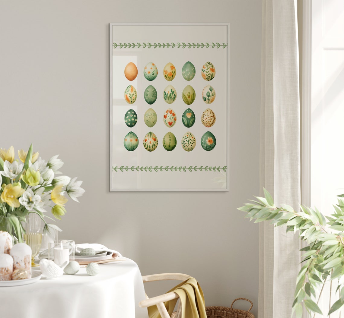 Green and Gold Botanical Painted Easter Eggs Grid Watercolor Poster - Image 5