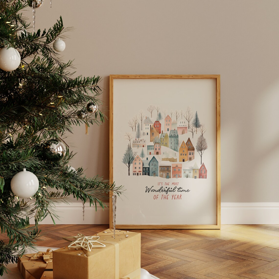 Its The Most Wonderful Time Snowy Pastel Christmas Village Print - Image 4