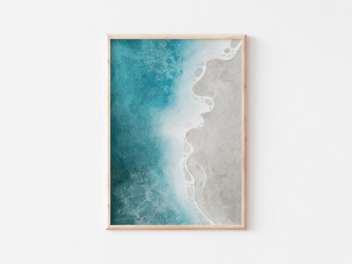 Cool Teal Sea Water Washing Over Quiet Gray Sand Beach Print - Image 2