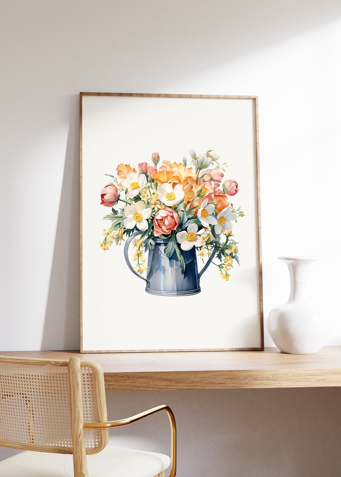 Wildflower Bouquet In Blue Watering Can Watercolor Flower Poster - Image 4