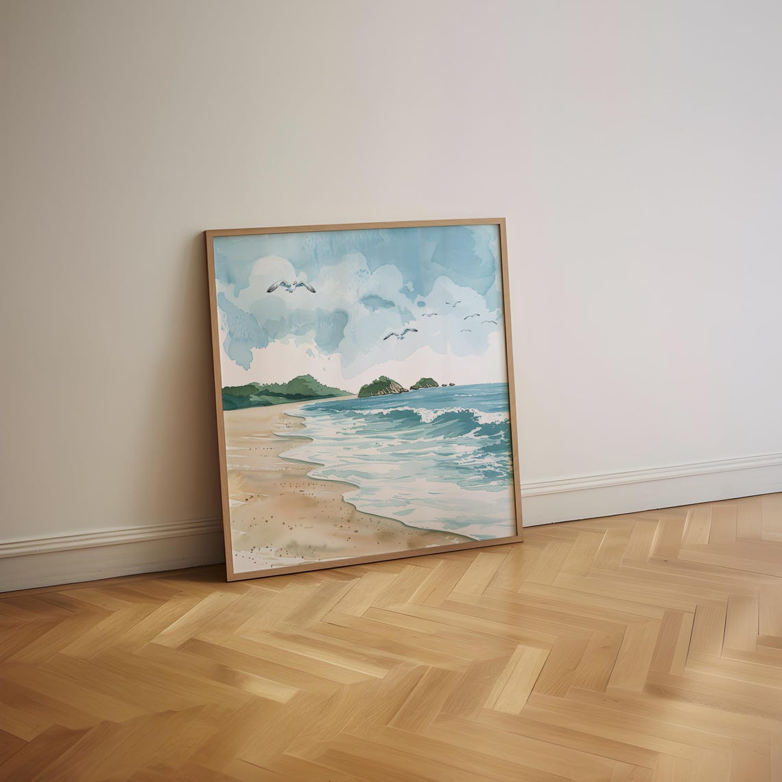 Neutral Watercolor Beach Seagulls Islands Serene Coastal Poster - Image 2