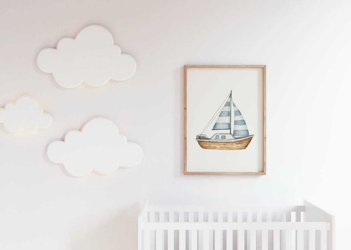 Wooden Sailboat Blue White Striped Sails Gentle Watercolor Sea Poster - Image 4