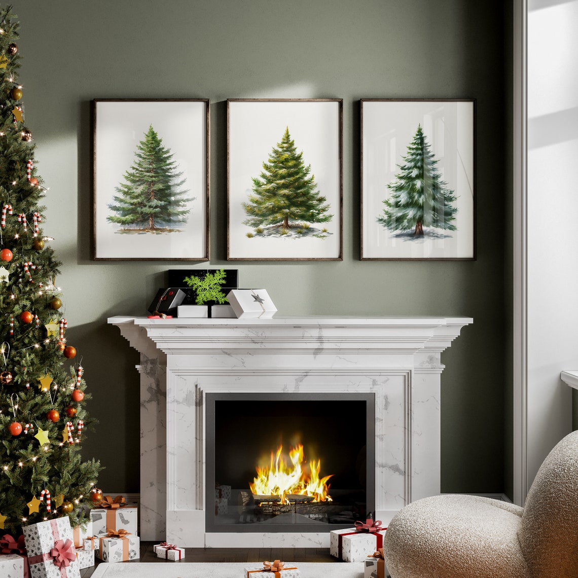 Watercolor Evergreen Tree Trio Christmas Holiday Gallery Wall Art - Image 2
