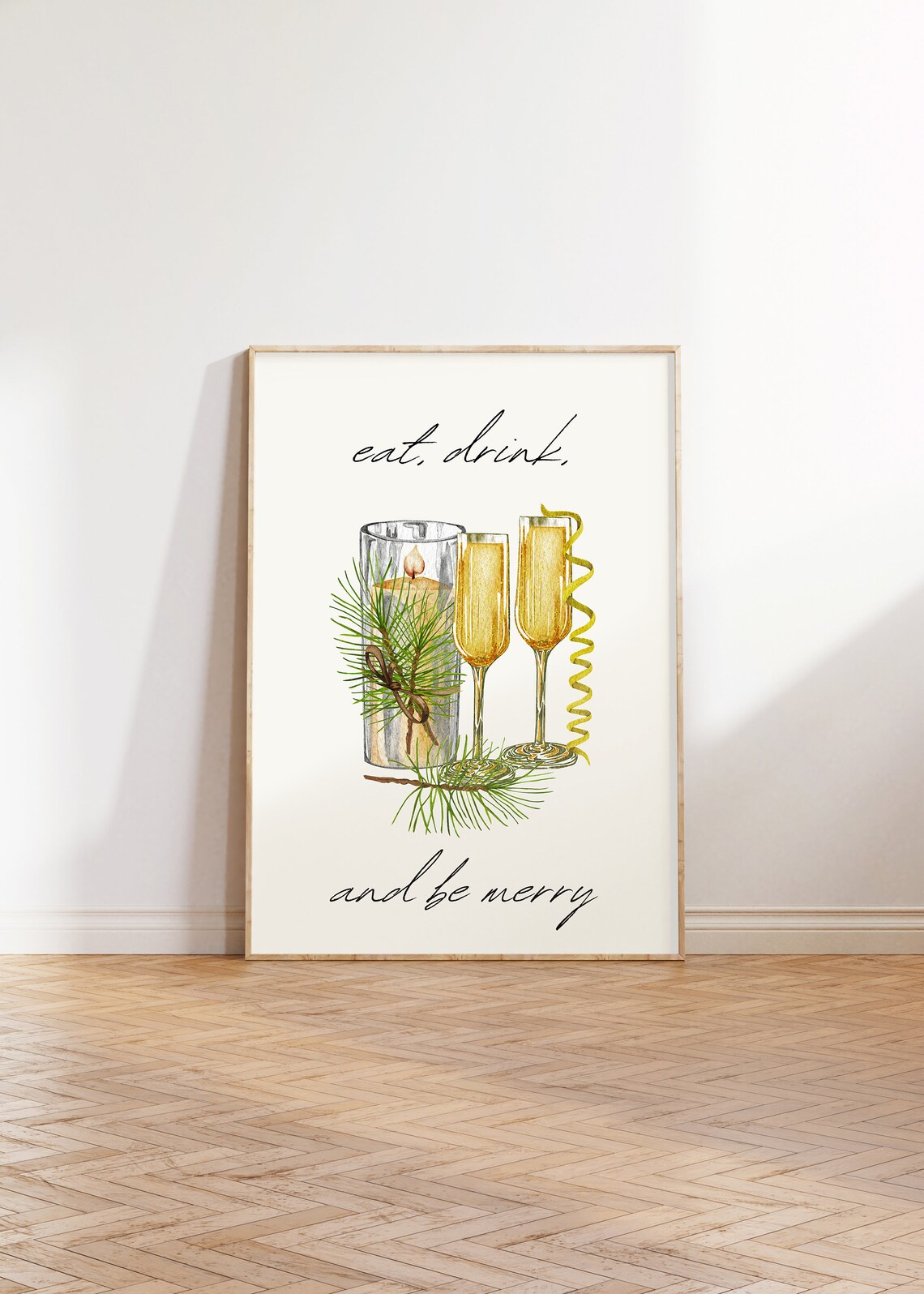 Eat Drink And Be Merry Champagne Candle Pine Watercolor Christmas Poster - Image 4