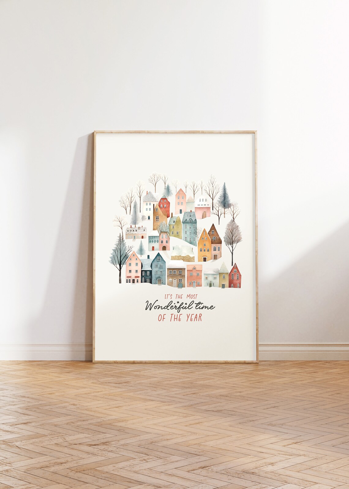Its The Most Wonderful Time Snowy Pastel Christmas Village Print - Image 3