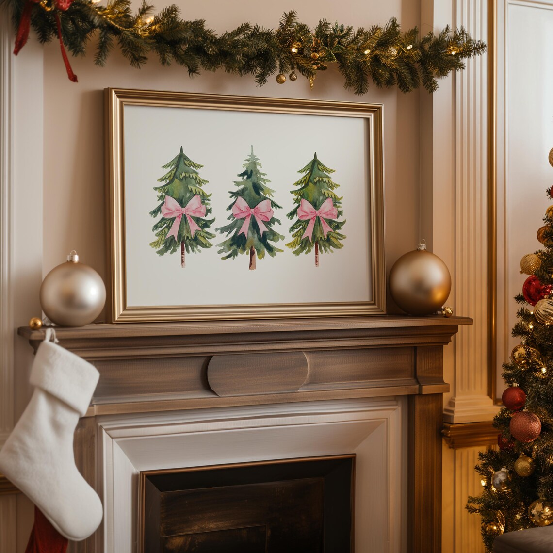 Three Watercolor Christmas Trees With Pink Bows Holiday Wall Art - Image 4