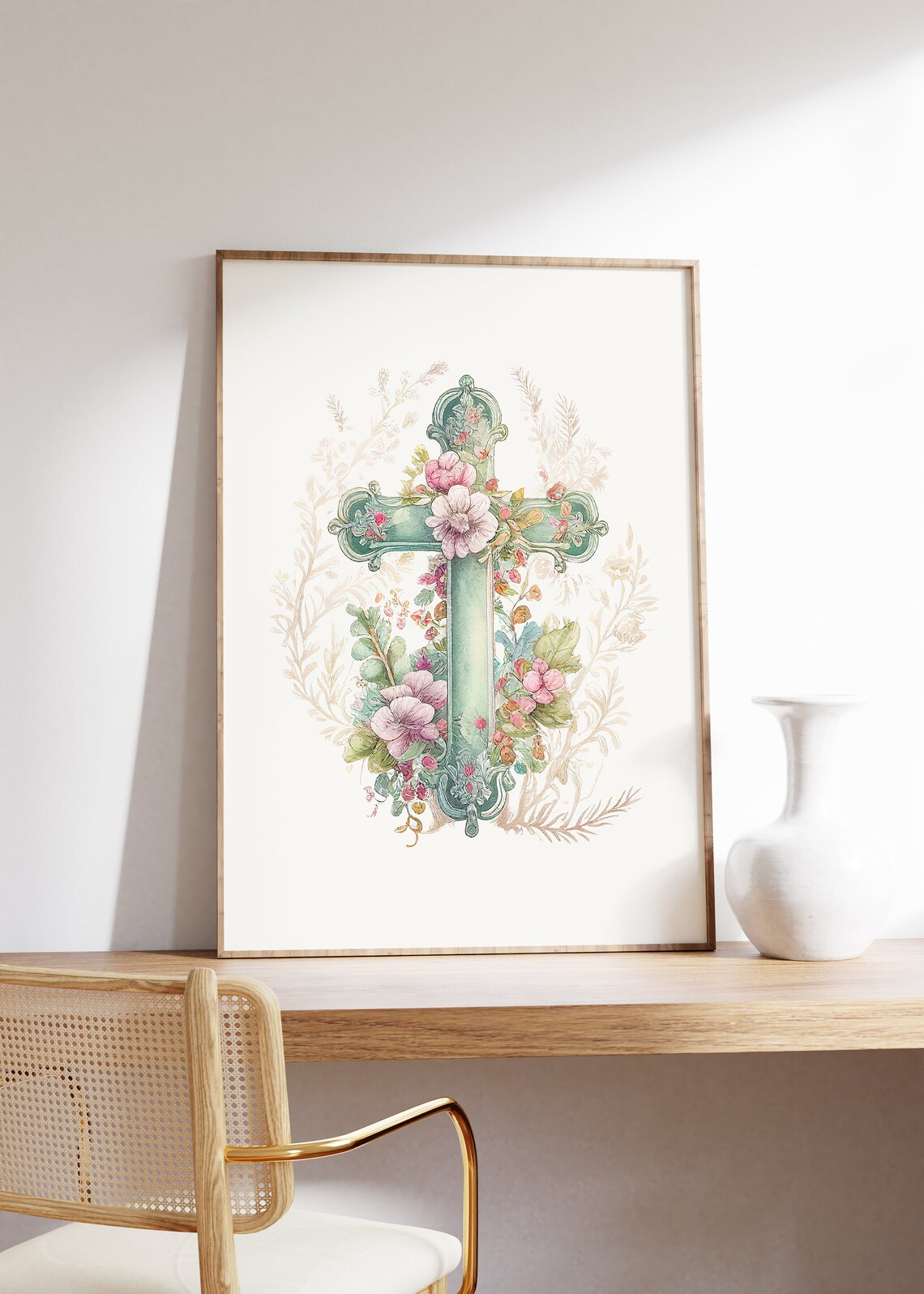Green Floral Cross with Pink Blooms Christian Easter Watercolor Poster - Image 4