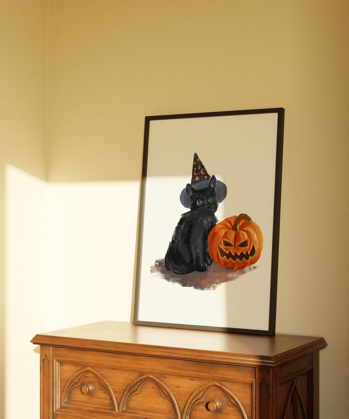Cute Black Cat in Witch Hat with Jack O Lantern Halloween Art Poster - Image 5