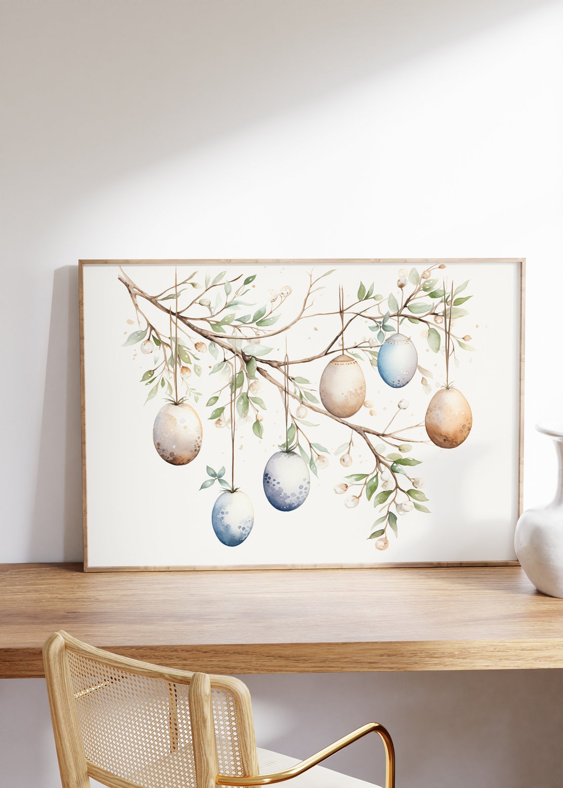 Easter Eggs Hanging From Blossom Branch Neutral Watercolor Poster - Image 5