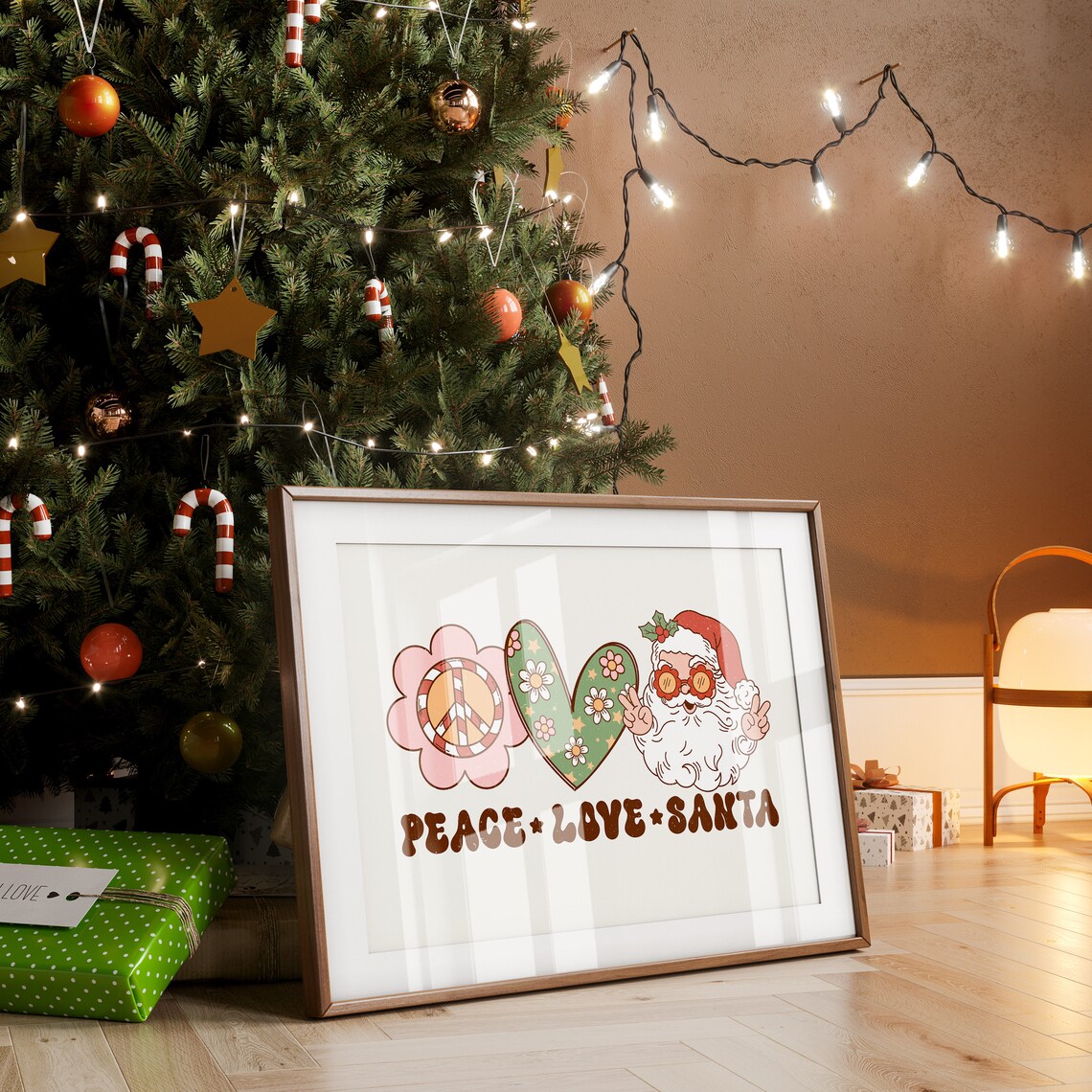 Peace Love Santa Groovy Hippie Retro Christmas Flower Poster - Image 5