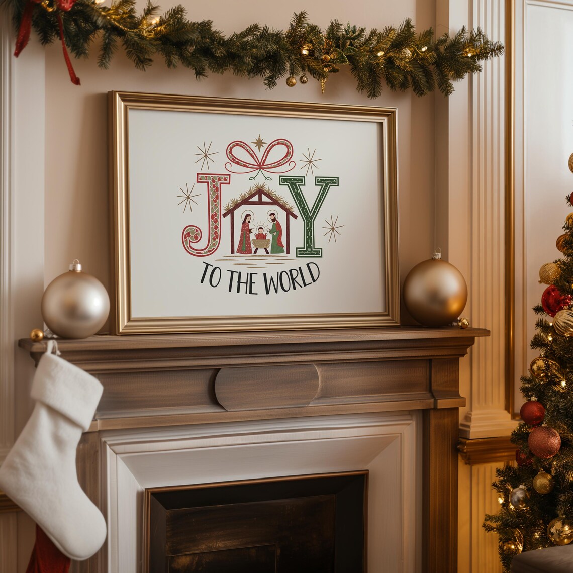 Joy To The World Nativity Scene Horizontal Christmas Typographic Poster - Image 4